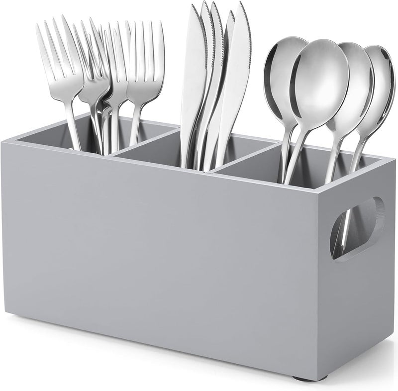 DRASTAR Wooden Silverware Caddy, Flatware Cutlery Holder, Kitchen Utensil Holder for Countertop, Silverware Organizer Containers for Party, Gray - Image 1